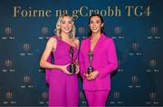 3 November 2023; Fermanagh TG4 Junior Team of the Championship award winners Molly McGloin, left, and Bláithín Bogue, with their awards, during the 2023 TG4 Teams of the Championship awards night at Croke Park in Dublin. Photo by Sam Barnes/Sportsfile