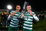 3 November 2023; Graham Burke and Sean Kavanagh of Shamrock Rovers celebrate with the SSE Airtricity League Premier Division trophy after the SSE Airtricity Men's Premier Division match between Shamrock Rovers and Sligo Rovers at Tallaght Stadium in Dublin. Photo by Stephen McCarthy/Sportsfile