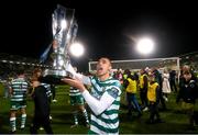 3 November 2023; Graham Burke of Shamrock Rovers celebrates with the SSE Airtricity League Premier Division trophy after the SSE Airtricity Men's Premier Division match between Shamrock Rovers and Sligo Rovers at Tallaght Stadium in Dublin. Photo by Stephen McCarthy/Sportsfile