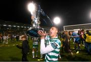 3 November 2023; Graham Burke of Shamrock Rovers celebrates with the SSE Airtricity League Premier Division trophy after the SSE Airtricity Men's Premier Division match between Shamrock Rovers and Sligo Rovers at Tallaght Stadium in Dublin. Photo by Stephen McCarthy/Sportsfile