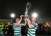 3 November 2023; Gary O'Neill and Ronan Finn of Shamrock Rovers celebrate with the SSE Airtricity League Premier Division trophy after the SSE Airtricity Men's Premier Division match between Shamrock Rovers and Sligo Rovers at Tallaght Stadium in Dublin. Photo by Stephen McCarthy/Sportsfile