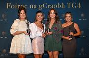 3 November 2023; Limerick TG4 Junior Team of the Championship award winners, from left, Grace Lee, Karen O’Leary, Yvonne Lee, and Deborah Murphy, with their awards, during the 2023 TG4 Teams of the Championship awards night at Croke Park in Dublin. Photo by Sam Barnes/Sportsfile