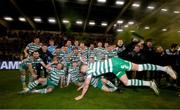 3 November 2023; Lee Grace of Shamrock Rovers jumps into a team photo after his side's victory in the SSE Airtricity Men's Premier Division match between Shamrock Rovers and Sligo Rovers at Tallaght Stadium in Dublin. Photo by Stephen McCarthy/Sportsfile