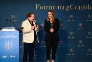 3 November 2023; Chloe Moloney of Clare is interviewed by MC Marty Morrissey during the 2023 TG4 Teams of the Championship awards night at Croke Park in Dublin. Photo by Sam Barnes/Sportsfile