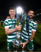 3 November 2023; Markus Poom and Roberto Lopes of Shamrock Rovers celebrate with the SSE Airtricity League Premier Division trophy after the SSE Airtricity Men's Premier Division match between Shamrock Rovers and Sligo Rovers at Tallaght Stadium in Dublin. Photo by Stephen McCarthy/Sportsfile