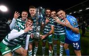 3 November 2023; Shamrock Rovers players, from left, Johnny Kenny, Liam Burt, Markus Poom, Roberto Lopes, Lee Grace and Leon Pohls celebrate with the SSE Airtricity League Premier Division trophy after during the SSE Airtricity Men's Premier Division match between Shamrock Rovers and Sligo Rovers at Tallaght Stadium in Dublin. Photo by Stephen McCarthy/Sportsfile