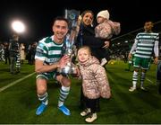 3 November 2023; Ronan Finn of Shamrock Rovers with his partner Jamie and daughters Emmy and Mia with the SSE Airtricity League Premier Division trophy afterthe SSE Airtricity Men's Premier Division match between Shamrock Rovers and Sligo Rovers at Tallaght Stadium in Dublin. Photo by Stephen McCarthy/Sportsfile