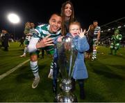 3 November 2023; Graham Burke of Shamrock Rovers, partner Tamara and daughter Posie celebrate with the SSE Airtricity Men's Premier Division trophy after the SSE Airtricity Men's Premier Division match between Shamrock Rovers and Sligo Rovers at Tallaght Stadium in Dublin. Photo by Stephen McCarthy/Sportsfile