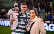 3 November 2023; Sean Gannon of Shamrock Rovers with his wife Kate and son Alfie, aged 5 months, after his side's victory in the SSE Airtricity Men's Premier Division match between Shamrock Rovers and Sligo Rovers at Tallaght Stadium in Dublin. Photo by Stephen McCarthy/Sportsfile
