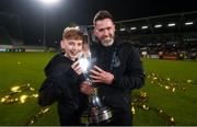 3 November 2023; Shamrock Rovers manager Stephen Bradley and his son Jayden with the SSE Airtricity Men's Premier Division trophy after the SSE Airtricity Men's Premier Division match between Shamrock Rovers and Sligo Rovers at Tallaght Stadium in Dublin. Photo by Stephen McCarthy/Sportsfile