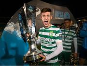 3 November 2023; Johnny Kenny of Shamrock Rovers celebrates with the SSE Airtricity League Premier Division trophy after the SSE Airtricity Men's Premier Division match between Shamrock Rovers and Sligo Rovers at Tallaght Stadium in Dublin. Photo by Stephen McCarthy/Sportsfile