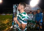 3 November 2023; Lee Grace of Shamrock Rovers celebrates with the SSE Airtricity League Premier Division trophy after the SSE Airtricity Men's Premier Division match between Shamrock Rovers and Sligo Rovers at Tallaght Stadium in Dublin. Photo by Stephen McCarthy/Sportsfile