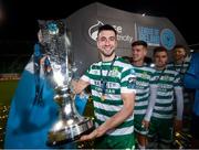 3 November 2023; Neil Farrugia of Shamrock Rovers celebrates with the SSE Airtricity League Premier Division trophy after the SSE Airtricity Men's Premier Division match between Shamrock Rovers and Sligo Rovers at Tallaght Stadium in Dublin. Photo by Stephen McCarthy/Sportsfile