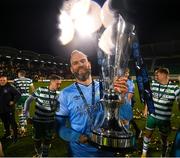 3 November 2023; Shamrock Rovers goalkeeper Alan Mannus celebrates with the SSE Airtricity League Premier Division trophy after the SSE Airtricity Men's Premier Division match between Shamrock Rovers and Sligo Rovers at Tallaght Stadium in Dublin. Photo by Stephen McCarthy/Sportsfile