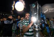 3 November 2023; Roberto Lopes of Shamrock Rovers celebrates with the SSE Airtricity League Premier Division trophy after the SSE Airtricity Men's Premier Division match between Shamrock Rovers and Sligo Rovers at Tallaght Stadium in Dublin. Photo by Stephen McCarthy/Sportsfile