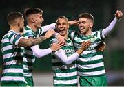 3 November 2023; Dylan Watts of Shamrock Rovers, right, celebrates with teammates, from left, Lee Grace, Johnny Kenny and Graham Burke after scoring his side's second goal during the SSE Airtricity Men's Premier Division match between Shamrock Rovers and Sligo Rovers at Tallaght Stadium in Dublin. Photo by Stephen McCarthy/Sportsfile