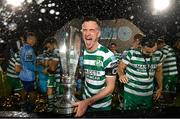 3 November 2023; Ronan Finn of Shamrock Rovers celebrates with the SSE Airtricity League Premier Division trophy after the SSE Airtricity Men's Premier Division match between Shamrock Rovers and Sligo Rovers at Tallaght Stadium in Dublin. Photo by Stephen McCarthy/Sportsfile