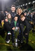 3 November 2023; Shamrock Rovers manager Stephen Bradley, his wife Emma, and their children, Jaden, Josh and Ella celebrate with the SSE Airtricity Men's Premier Division trophy after the SSE Airtricity Men's Premier Division match between Shamrock Rovers and Sligo Rovers at Tallaght Stadium in Dublin. Photo by Stephen McCarthy/Sportsfile
