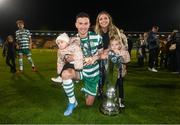 3 November 2023; Ronan Finn of Shamrock Rovers with his partner Jamie and daughters Emmy and Mia celebrate with the SSE Airtricity Men's Premier Division trophy after the SSE Airtricity Men's Premier Division match between Shamrock Rovers and Sligo Rovers at Tallaght Stadium in Dublin. Photo by Stephen McCarthy/Sportsfile