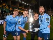 3 November 2023; Shamrock Rovers goalkeepers, from left, Tom Leitis, Leon Pohls and Alan Mannus and goalkeeping coach Jose Ferrer celebrate with the SSE Airtricity Men's Premier Division trophy after the SSE Airtricity Men's Premier Division match between Shamrock Rovers and Sligo Rovers at Tallaght Stadium in Dublin. Photo by Stephen McCarthy/Sportsfile