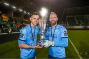 3 November 2023; Shamrock Rovers goalkeepers Leon Pohls, left, and Alan Mannus celebrate with the SSE Airtricity Men's Premier Division trophy after the SSE Airtricity Men's Premier Division match between Shamrock Rovers and Sligo Rovers at Tallaght Stadium in Dublin. Photo by Stephen McCarthy/Sportsfile