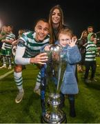 3 November 2023; Graham Burke of Shamrock Rovers, partner Tamara and daughter Posie celebrate with the SSE Airtricity Men's Premier Division trophy after the SSE Airtricity Men's Premier Division match between Shamrock Rovers and Sligo Rovers at Tallaght Stadium in Dublin. Photo by Stephen McCarthy/Sportsfile