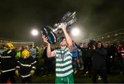 3 November 2023; Neil Farrugia of Shamrock Rovers celebrates with the SSE Airtricity Men's Premier Division trophy after the SSE Airtricity Men's Premier Division match between Shamrock Rovers and Sligo Rovers at Tallaght Stadium in Dublin. Photo by Stephen McCarthy/Sportsfile