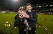 3 November 2023; Shamrock Rovers manager Stephen Bradley and his son Jayden celebrate with the SSE Airtricity Men's Premier Division trophy after the SSE Airtricity Men's Premier Division match between Shamrock Rovers and Sligo Rovers at Tallaght Stadium in Dublin. Photo by Stephen McCarthy/Sportsfile