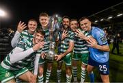 3 November 2023; Shamrock Rovers players, from left, Johnny Kenny, Liam Burt, Markus Poom, Roberto Lopes, Lee Grace and Leon Pohls celebrate with the SSE Airtricity League Premier Division trophy after during the SSE Airtricity Men's Premier Division match between Shamrock Rovers and Sligo Rovers at Tallaght Stadium in Dublin. Photo by Stephen McCarthy/Sportsfile Photo by Stephen McCarthy/Sportsfile