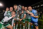3 November 2023; Shamrock Rovers players, from left, Johnny Kenny, Liam Burt, Markus Poom, Roberto Lopes, Lee Grace and Leon Pohls celebrate with the SSE Airtricity League Premier Division trophy after during the SSE Airtricity Men's Premier Division match between Shamrock Rovers and Sligo Rovers at Tallaght Stadium in Dublin. Photo by Stephen McCarthy/Sportsfile Photo by Stephen McCarthy/Sportsfile