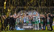 3 November 2023; Ronan Finn of Shamrock Rovers, centre, and team-mates celebrate with the SSE Airtricity League Premier Division trophy after the SSE Airtricity Men's Premier Division match between Shamrock Rovers and Sligo Rovers at Tallaght Stadium in Dublin. Photo by Stephen McCarthy/Sportsfile