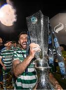 3 November 2023; Roberto Lopes of Shamrock Rovers celebrates with the SSE Airtricity League Premier Division trophy after the SSE Airtricity Men's Premier Division match between Shamrock Rovers and Sligo Rovers at Tallaght Stadium in Dublin. Photo by Stephen McCarthy/Sportsfile