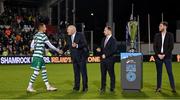 3 November 2023; Graham Burke of Shamrock Rovers is congratulated by, from left, FAI President Gerry McAnaney, League of Ireland director Mark Scanlon and SSE Airtricity digital media lead Gar Murphy after the SSE Airtricity Men's Premier Division match between Shamrock Rovers and Sligo Rovers at Tallaght Stadium in Dublin. Photo by Seb Daly/Sportsfile