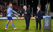 3 November 2023; Shamrock Rovers goalkeeper Alan Mannus is congratulated by FAI President Gerry McAnaney, centre, and League of Ireland director Mark Scanlon after the SSE Airtricity Men's Premier Division match between Shamrock Rovers and Sligo Rovers at Tallaght Stadium in Dublin. Photo by Seb Daly/Sportsfile