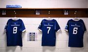 4 November 2023; The jerseys of Leinster players, from left, James Culhane, Scott Penny and Max Deegan are seen in the dressing room before the United Rugby Championship match between Leinster and Edinburgh at the RDS Arena in Dublin. Photo by Harry Murphy/Sportsfile