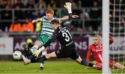 3 November 2023; Rory Gaffney of Shamrock Rovers in action against Sligo Rovers goalkeeper Conor Walsh during the SSE Airtricity Men's Premier Division match between Shamrock Rovers and Sligo Rovers at Tallaght Stadium in Dublin. Photo by Seb Daly/Sportsfile