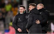 3 November 2023; Shamrock Rovers coaching staff, from left, manager Stephen Bradley, sporting director Stephen McPhail and coach Glenn Cronin during the SSE Airtricity Men's Premier Division match between Shamrock Rovers and Sligo Rovers at Tallaght Stadium in Dublin. Photo by Seb Daly/Sportsfile