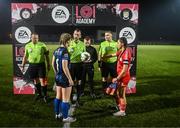29 October 2023; Hannah O'Brien of Shelbourne and Lucy Fitzgerald of Athlone with referee Ryan Flood before the EA SPORTS U17 Women's Cup final match between Shelbourne and Athlone Town at Athlone Town Stadium in Westmeath. Photo by Eóin Noonan/Sportsfile