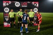 29 October 2023; Hannah O'Brien of Shelbourne and Lucy Fitzgerald of Athlone with referee Ryan Flood before the EA SPORTS U17 Women's Cup final match between Shelbourne and Athlone Town at Athlone Town Stadium in Westmeath. Photo by Eóin Noonan/Sportsfile