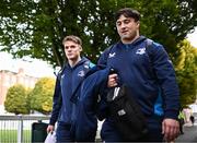 4 November 2023; Rob Russell and Thomas Clarkson of Leinster arrive before the United Rugby Championship match between Leinster and Edinburgh at the RDS Arena in Dublin. Photo by Harry Murphy/Sportsfile