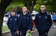 4 November 2023; Leinster players, from left, Cormac Foley, Sam Prendergast and Brian Deeny arrive before the United Rugby Championship match between Leinster and Edinburgh at the RDS Arena in Dublin. Photo by Harry Murphy/Sportsfile