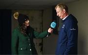 4 November 2023; Leinster head coach Leo Cullen is interviewed by Hannah Tyrrell before the United Rugby Championship match between Leinster and Edinburgh at the RDS Arena in Dublin. Photo by Harry Murphy/Sportsfile