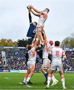4 November 2023; Tom Dodd of Edinburgh wins a lineout from Max Deegan of Leinster during the United Rugby Championship match between Leinster and Edinburgh at the RDS Arena in Dublin. Photo by Sam Barnes/Sportsfile