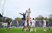 4 November 2023; Tom Dodd of Edinburgh wins a lineout from Max Deegan of Leinster during the United Rugby Championship match between Leinster and Edinburgh at the RDS Arena in Dublin. Photo by Sam Barnes/Sportsfile