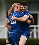 4 November 2023; Ciarán Frawley of Leinster, left, celebrates with teammate Harry Byrne after scoring their side's third try during the United Rugby Championship match between Leinster and Edinburgh at the RDS Arena in Dublin. Photo by Harry Murphy/Sportsfile