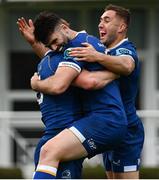 4 November 2023; Harry Byrne, centre, and Jordan Larmour of Leinster congratulate teammate Ciarán Frawley, left, after scoring their side's third try during the United Rugby Championship match between Leinster and Edinburgh at the RDS Arena in Dublin. Photo by Harry Murphy/Sportsfile