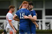 4 November 2023; Ciarán Frawley of Leinster celebrates with teammate Harry Byrne, right, after scoring their side's third try during the United Rugby Championship match between Leinster and Edinburgh at the RDS Arena in Dublin. Photo by Harry Murphy/Sportsfile