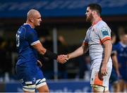 4 November 2023; Rhys Ruddock of Leinster and Marshall Sykes of Edinburgh shake hands after the United Rugby Championship match between Leinster and Edinburgh at the RDS Arena in Dublin. Photo by Harry Murphy/Sportsfile