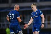4 November 2023; Rhys Ruddock and Jamie Osborne of Leinster after their side's victory in the United Rugby Championship match between Leinster and Edinburgh at the RDS Arena in Dublin. Photo by Harry Murphy/Sportsfile