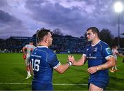 4 November 2023; Dylan Donnellan and Rory McGuire of Leinster after their side's victory in the United Rugby Championship match between Leinster and Edinburgh at the RDS Arena in Dublin. Photo by Harry Murphy/Sportsfile